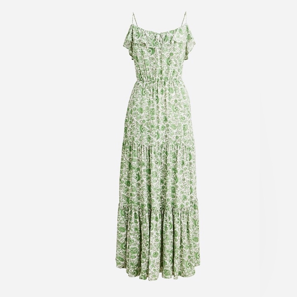 Jcrew Floral Maxi Tiered Ruffle Dress Green Victorian Coquette Cottage Resort M - Picture 6 of 9